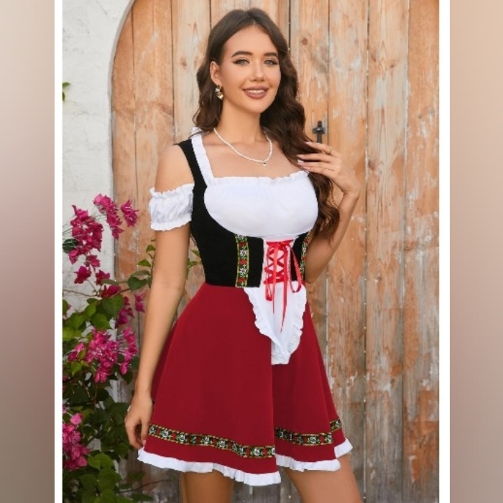 Womens Velvet Dirndl Dress Oktoberfest Costumes Carnival Halloween Med